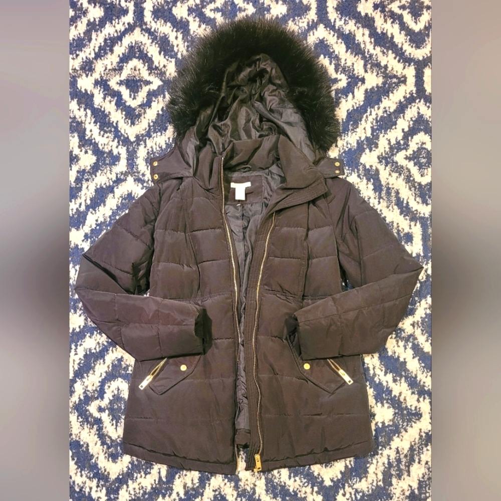 H&M Black Puffer Coat with Faux Fur Hood